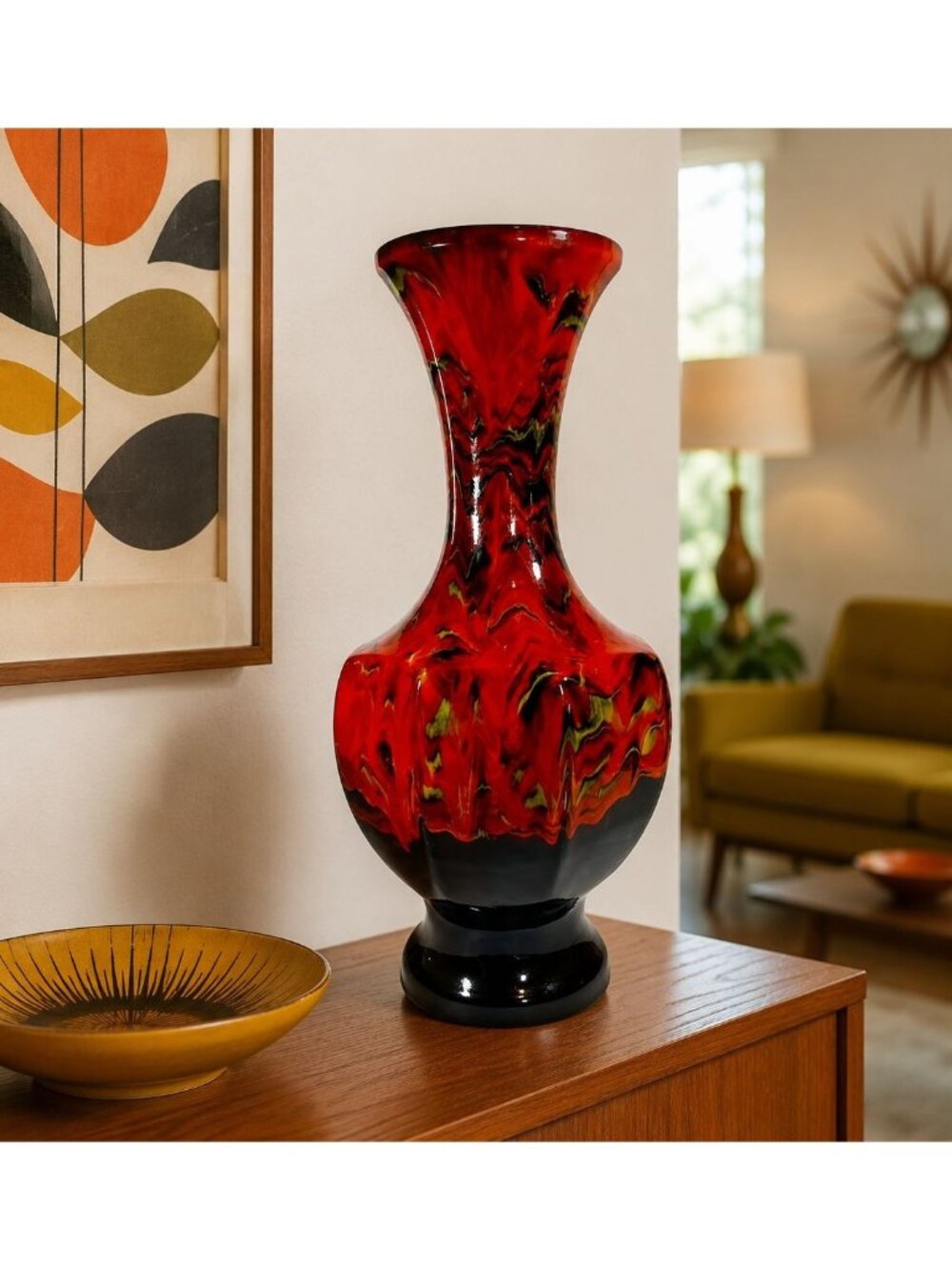 Mid Century Modern, Art Pottery, Red Lava/Drip Glaze, 17" Vase, Vintage. Pottery